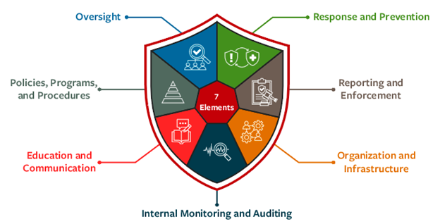 Oversight, Response and Prevention, Reporting and Enforcement, Organization and Infrastructure, Internal Monitoring and Auditing, Education and Communication, Policies, Programs, and Procedures; See text below image for details.